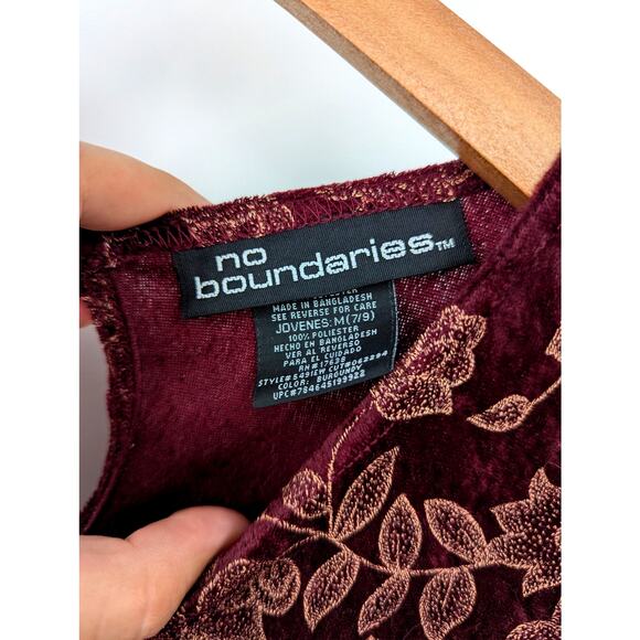 Vtg 90s Crushed Velvet Maxi Dress Sz M Floral Grunge No Boundaries Burgundy Y2K - Picture 3 of 5